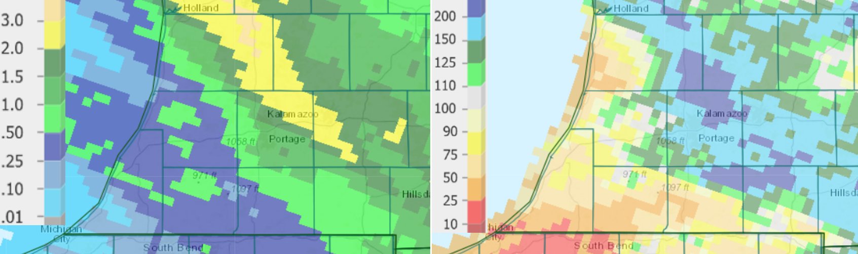 Precipitation totals from the past seven days (left) and percent of normal for the past 14 days (right) as of Aug. 18 at 10 a.m.